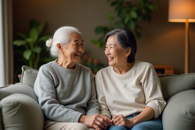 笑顔の高齢者夫婦と介護士